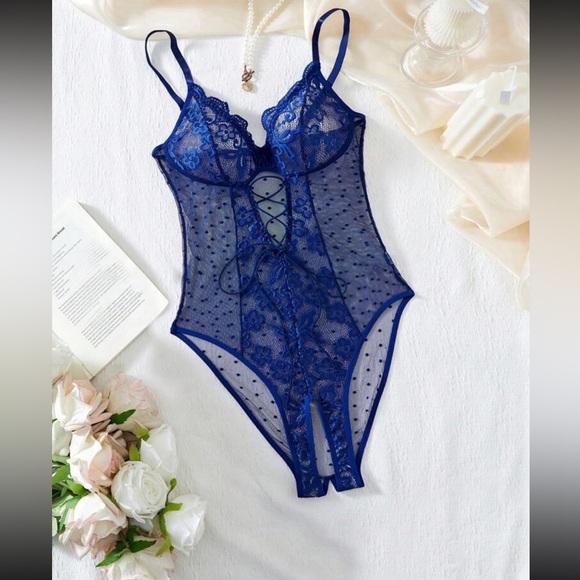 1pc Lace Contrast Mesh Ladies' Sexy Elegant Floral One-Piece Lingerie Bodysuit - Picture 1 of 5